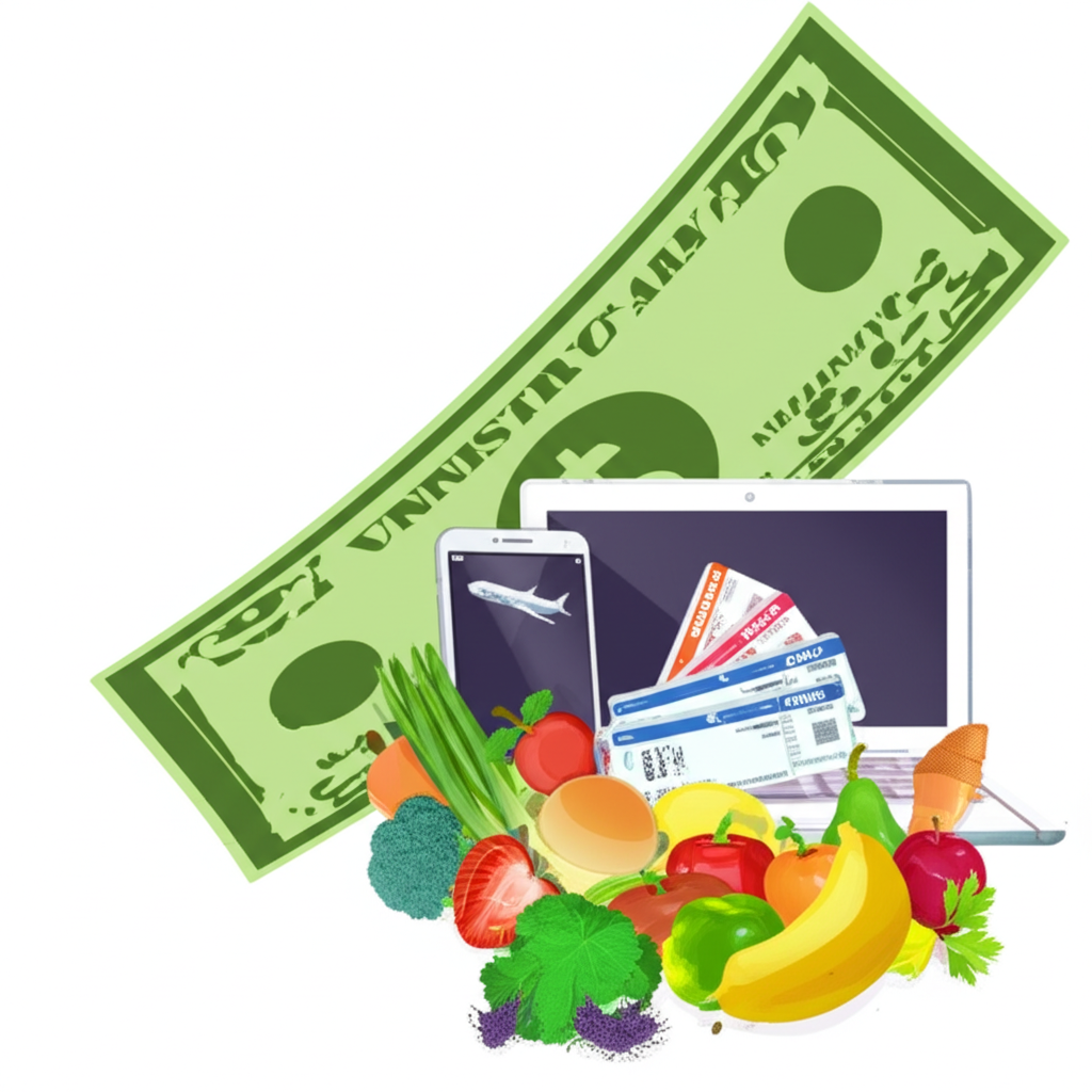 美元購買力下降示意圖，美元縮小與日常商品如食物、電子產品和旅行票券比較，象徵消費者影響