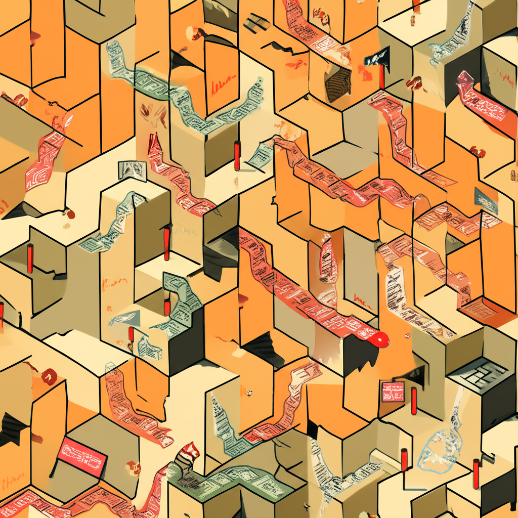 由區塊鏈方塊構成的迷宮,內藏陷阱與誤導標誌,象徵知識不足與價格波動讓虛擬貨幣成為詐騙溫床