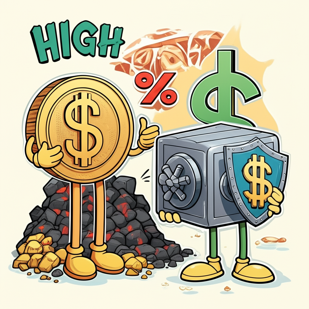 兩種貨幣擬人化插圖,一為澳幣角色環繞礦業商品和高利率符號,另一為美元角色持全球儲備金庫與安全盾牌