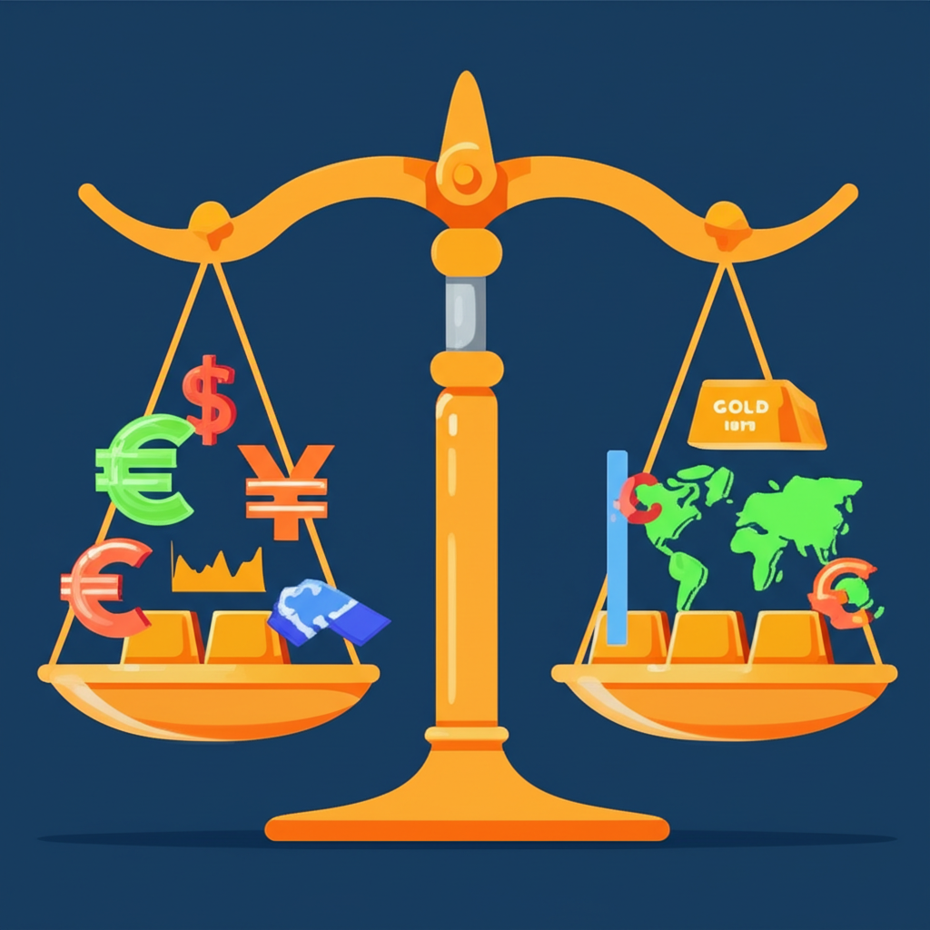 黃金天平平衡經濟因素如利率、地緣政治與貨幣符號插圖