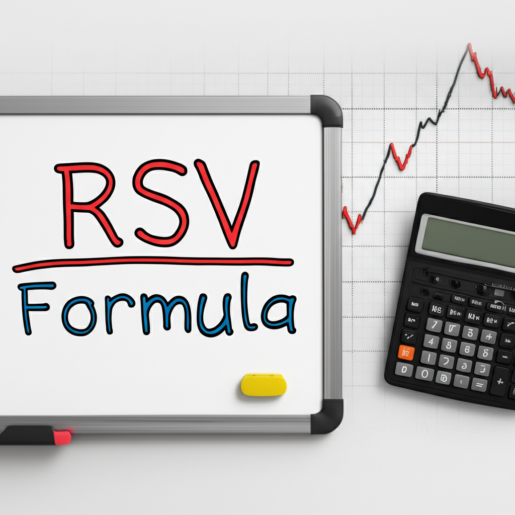 白板上寫著 RSV 公式，旁邊有股票價格表格、計算器和線圖背景