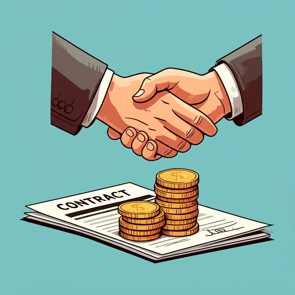 契約雙方握手與履約保證金錢幣堆疊象徵履行義務的插圖