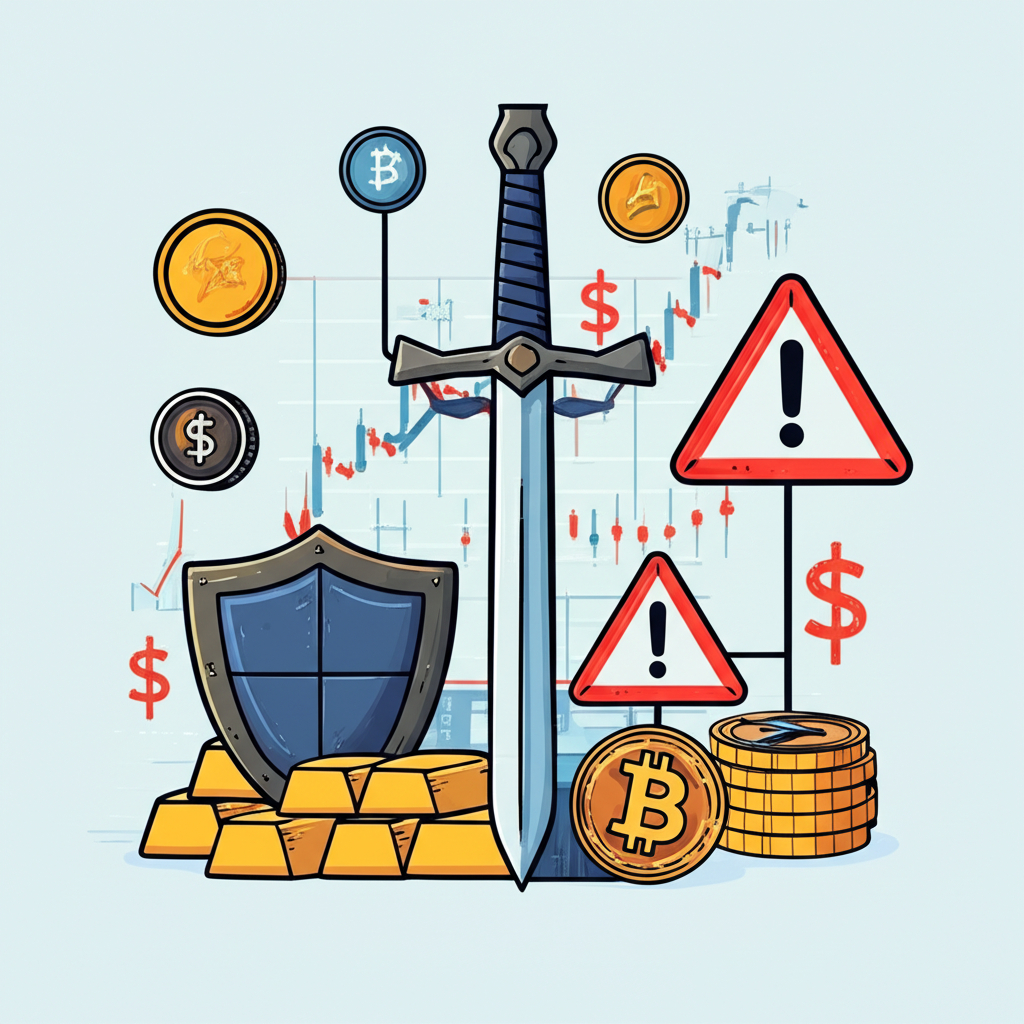 各種金融資產環繞雙面劍，象徵CFD槓桿的優勢與風險，配以盾牌和警示標誌