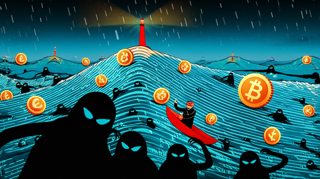 投資者在風暴肆虐的數位海洋中航行,周圍環繞虛擬貨幣符號,躲避陰影詐騙身影,遠處燈塔象徵自救指南