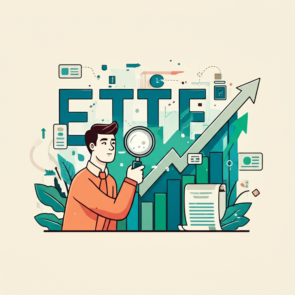 好奇投資者透過放大鏡探索動態金融市場,發現ETF作為財富增長工具,結合基金分散與股票靈活性,象徵穩定投資之旅