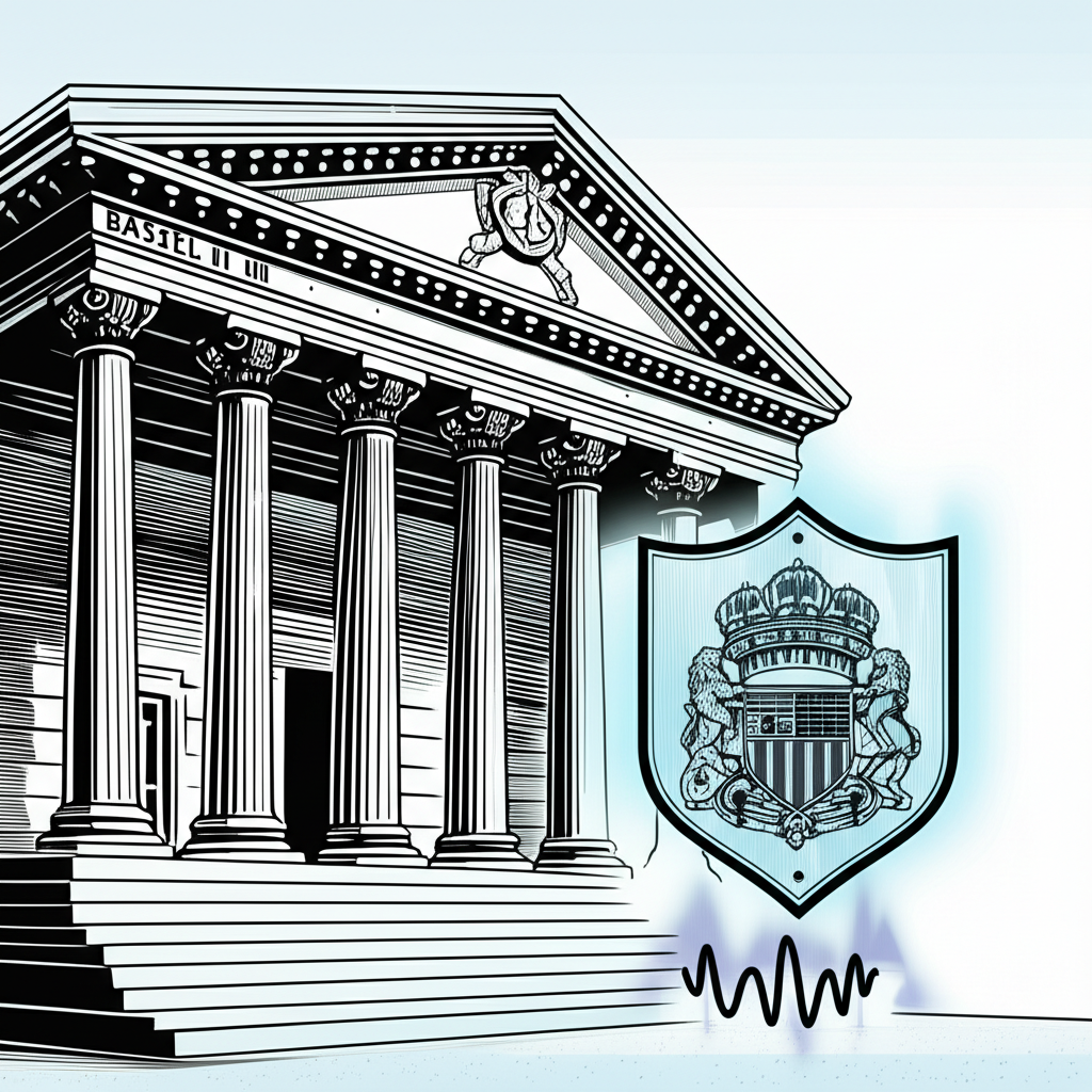 銀行建築與巴塞爾協議 III 盾牌及 AT1 債券吸收衝擊的插圖