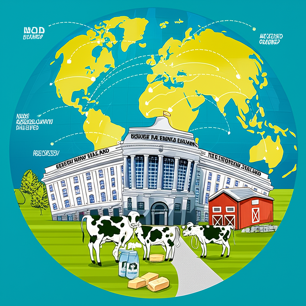 紐西蘭央行建築、乳製品農場與全球貿易路線的插圖，線條連接顯示對紐幣影響