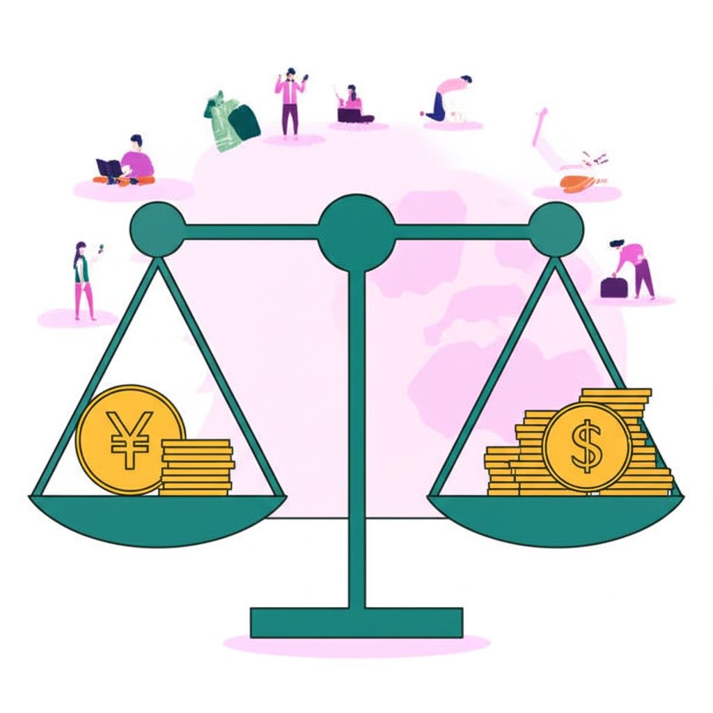 全球貨幣天平圖示,日圓一側明顯偏輕,<a href=