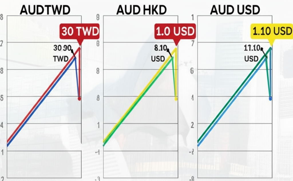 澳元兌台幣、港幣、美元三大貨幣對歷史高低點圖表,背景融入全球經濟事件如金融危機與商品價格波動