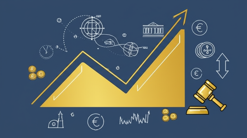 黃金價格波動圖表伴隨經濟、政治與貨幣政策符號,展示市場波動性與潛在風險