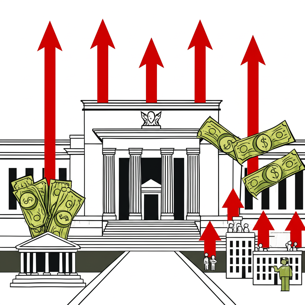 聯準會建築物插圖,顯示利率上升的箭頭以及資金流入銀行影響借貸成本
