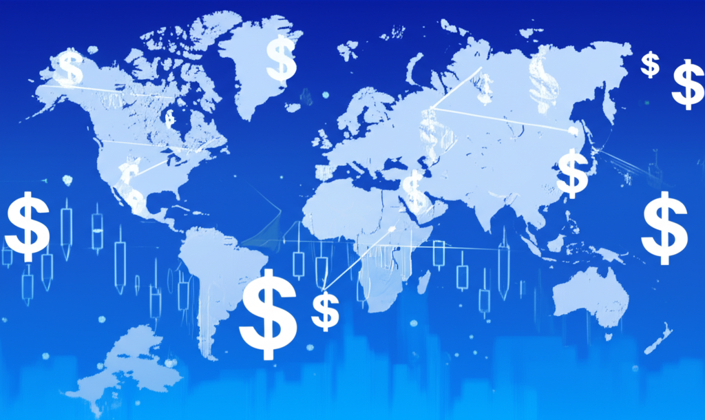 illustration of Canadian dollar currency symbols interacting with global financial markets and a map showing Taiwan and Hong Kong representing international investment and daily life impact