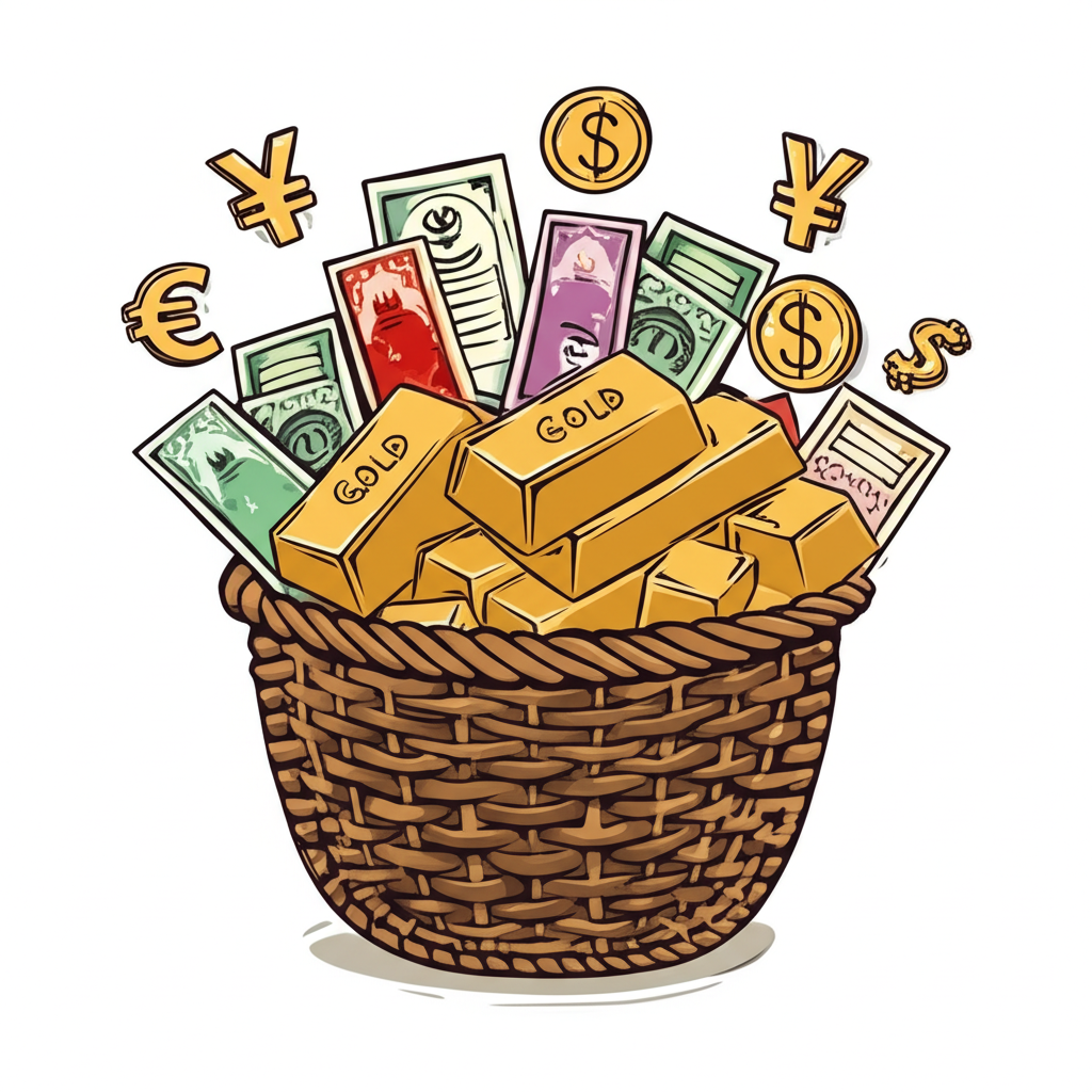 ETF基金資產籃子溢出股票債券黃金與貨幣符號的插圖