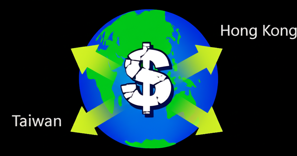 全球經濟中美元貶值圖示,周圍上升箭頭代表台灣與香港投資者及企業的機會