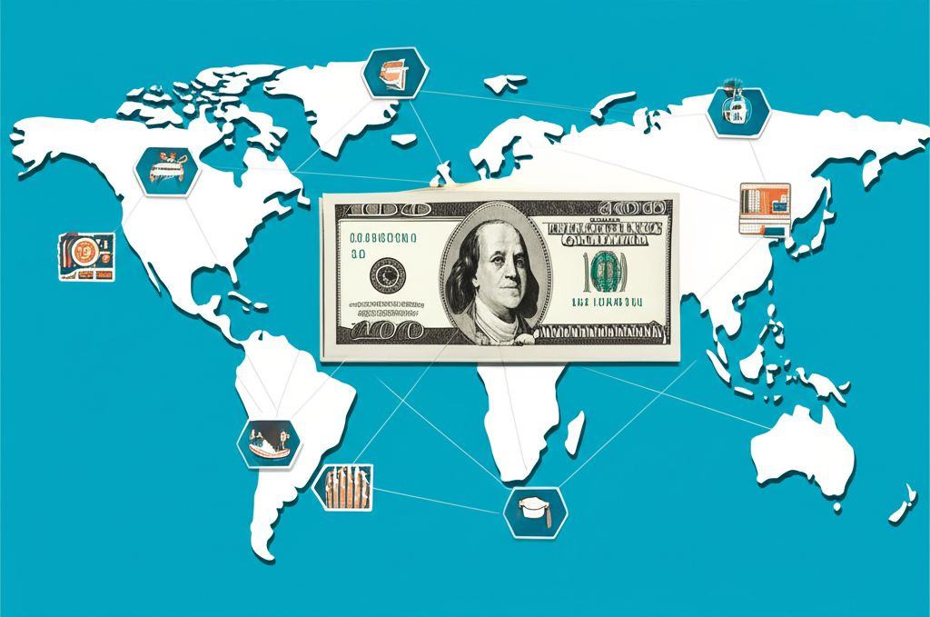 全球經濟互聯性圖示，美元與各國貨幣和經濟指標連結，顯示匯率波動的國際影響