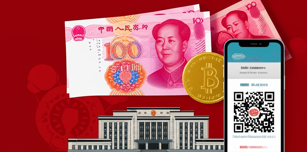 中國人民幣RMB貨幣插圖,融入歷史元素,從早期紙幣演進到數位支付,背景為中國人民銀行建築,彰顯其官方地位與歷史