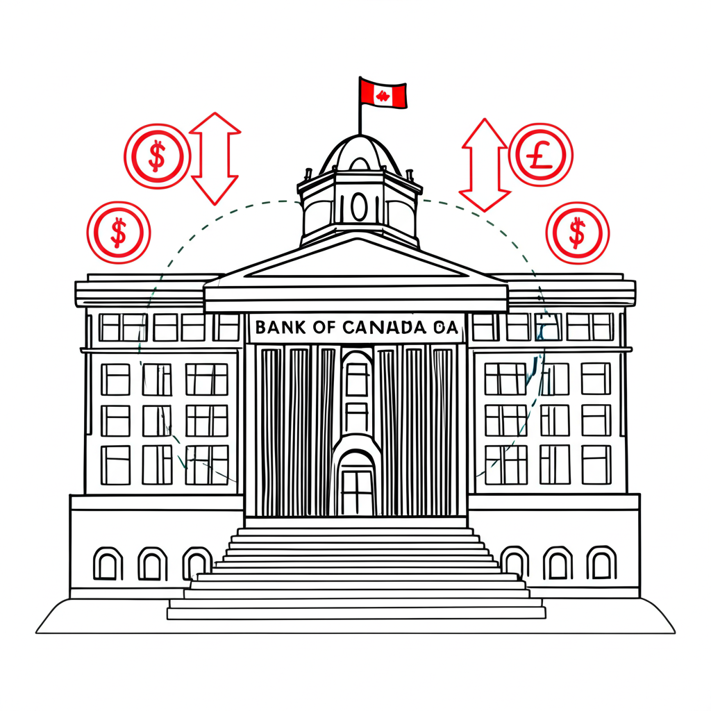 illustration of the Bank of Canada building with interest rate charts arrows pointing up and down and international capital flowing in or out representing monetary policy decisions