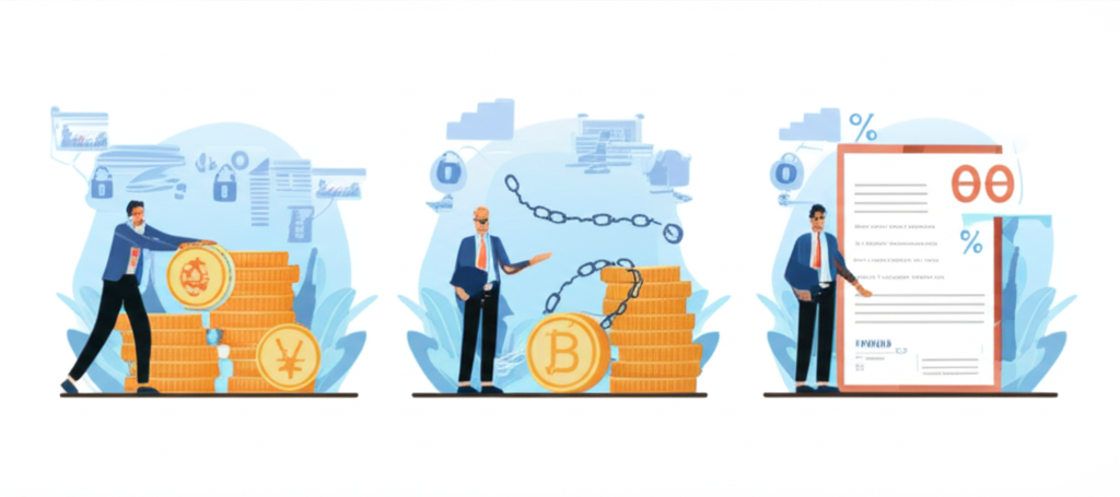 質押應用場景圖示,包括資金取得、加密鎖定與低息借貸的三種情境