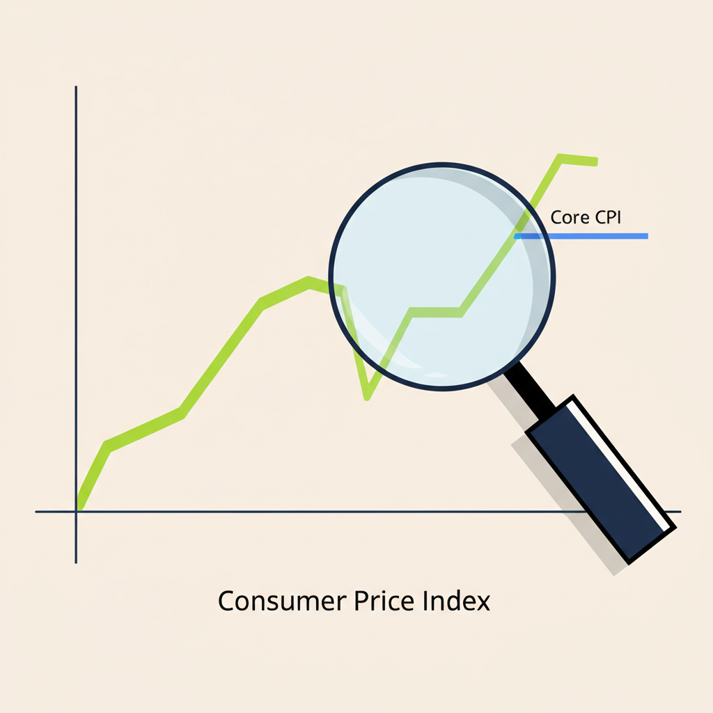 經濟圖表插圖顯示CPI與核心CPI差異,放大鏡聚焦核心CPI線條強調其對央行與投資者的重要性