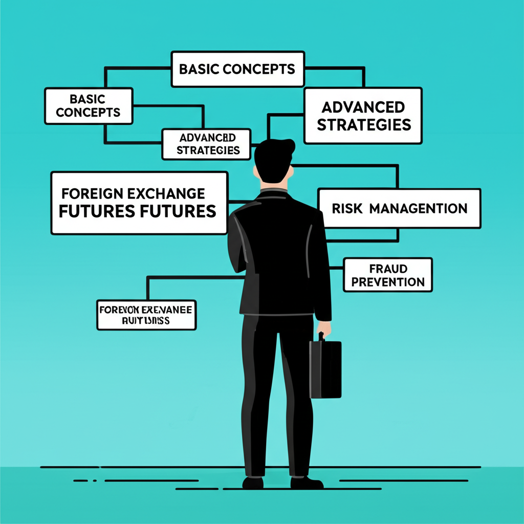 投資者導航金融地圖插圖,涵蓋外匯期貨基本概念、進階策略、風險管理與防詐