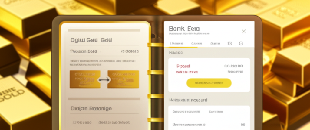 黃金存摺打開顯示數位黃金單位與銀行帳戶介面,背景有金條象徵虛擬黃金持有