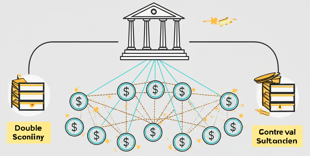 解決雙重支付問題的插圖,展示透過公開可驗證區塊鏈和工作量證明確保交易完整性和不可變性的過程,消除對傳統第三方機構的依賴
