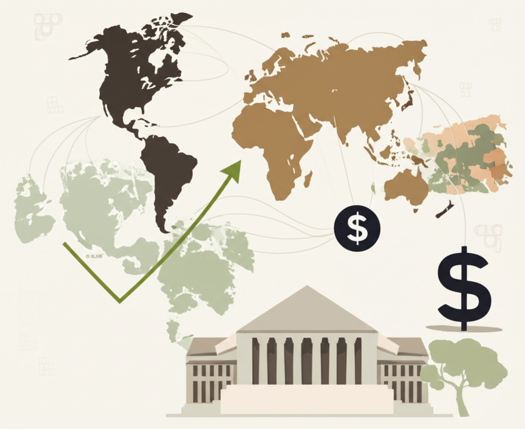 匯率影響因素的插圖,包括中國經濟上升圖表、中央銀行建築、地緣政治地圖和強勢美元符號,展示相互連結的元素