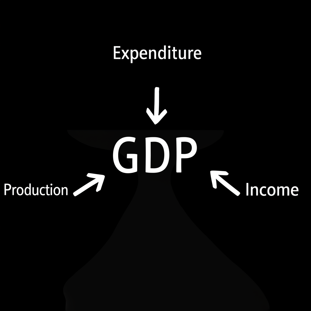 GDP 三種計算方式圖示,支出、生產與收入途徑匯聚成經濟產出中心