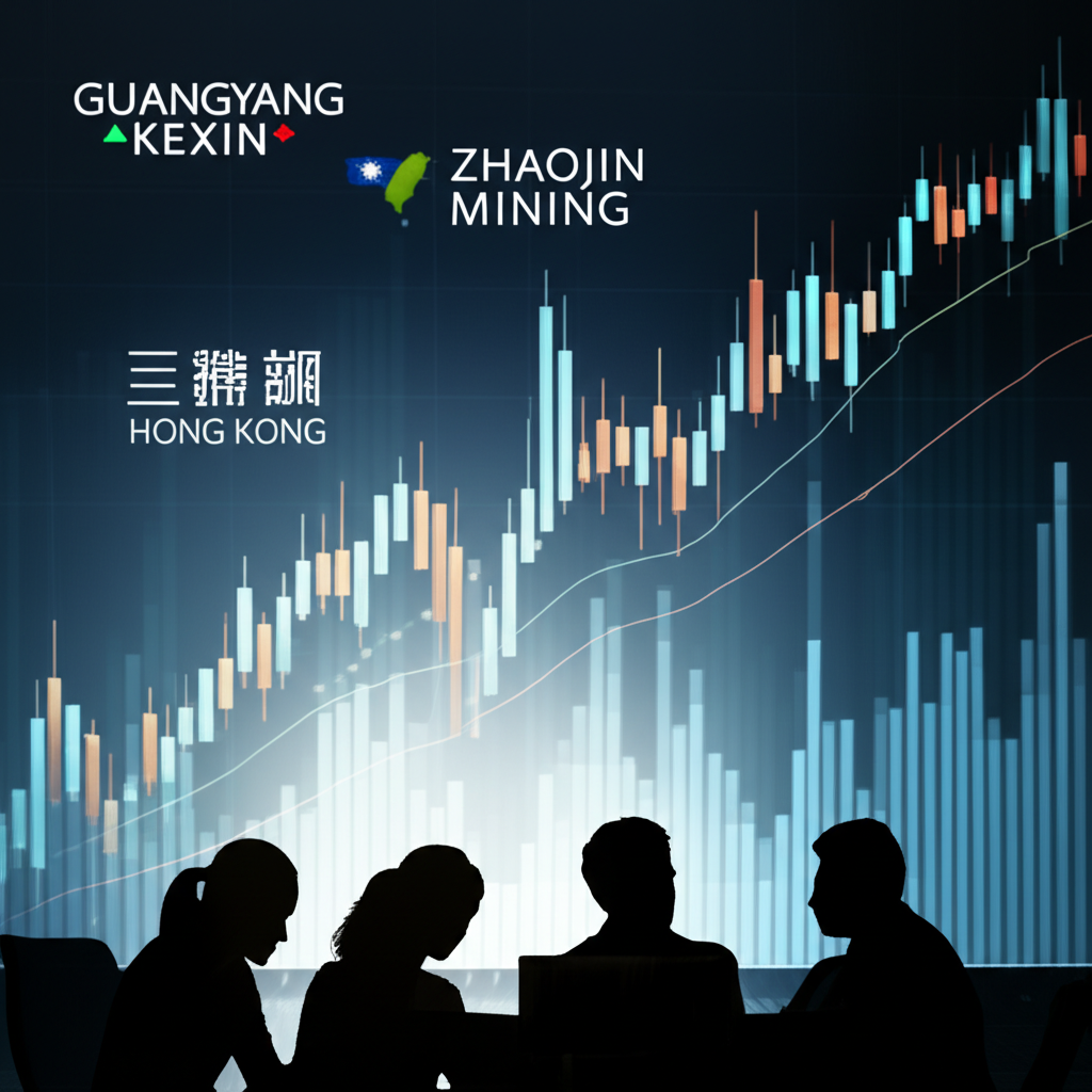 An illustration of a stock market chart with company logos from Taiwan and Hong Kong like Guangyang Kexin and Zhaojin Mining representing precious metal concept stocks with analysts researching financial data
