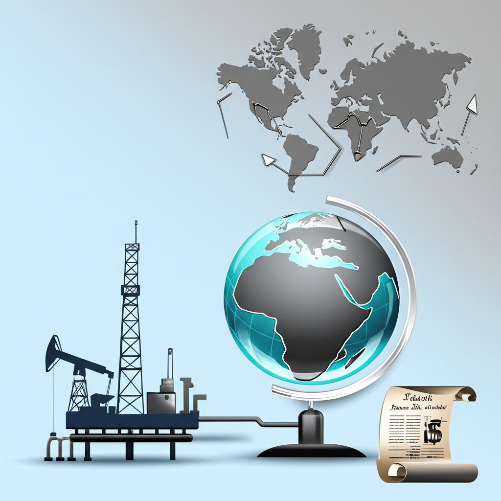 北海油井示意圖,管道延伸至亞歐非地圖,全球顯示油價影響,捲軸代表期貨合約,淺藍灰色調