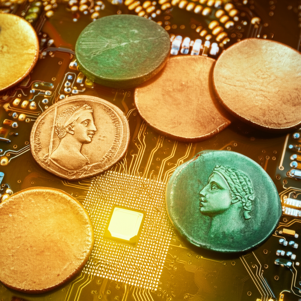 illustration of ancient gold coins and modern high tech circuit boards shimmering with precious metals symbolizing wealth and technological advancement in a rare and valuable essence