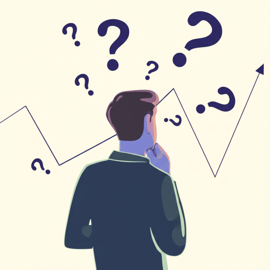 An illustration of a person looking at a fluctuating AUD currency graph with question marks around their head representing uncertainty about its future rise