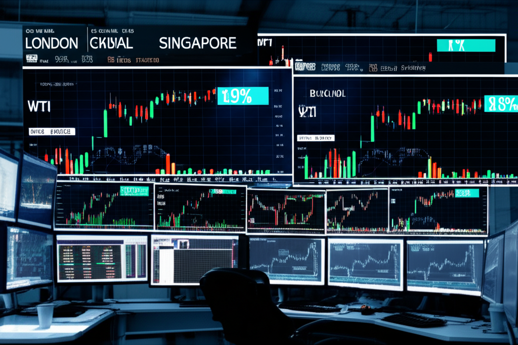 交易桌插圖，多個螢幕顯示WTI與布蘭特原油期貨圖表，時鐘標示全球交易時間