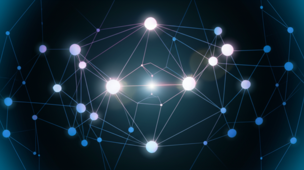 An illustration of a blockchain network with interconnected nodes forming a transparent digital ecosystem highlighting public chain technology as a foundational element for Web3.0 and decentralized applications