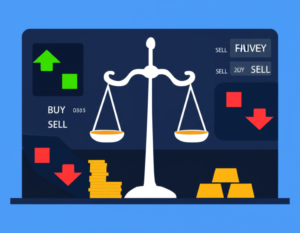 數位交易介面顯示買賣箭頭與槓桿平衡，小額資金控制大型資產