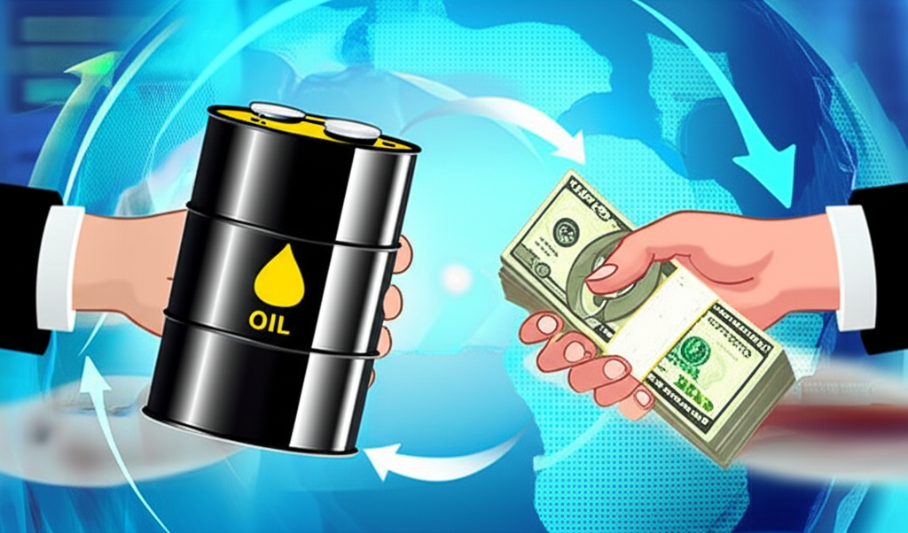 雙手交換石油桶代表實物交割,另一雙手交換鈔票代表現金結算,背景為全球商品流動的地球