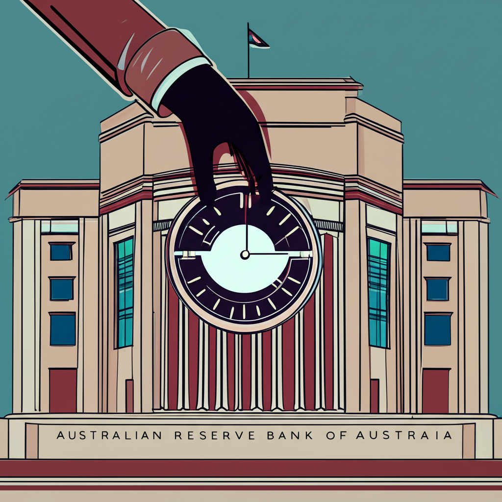 An illustration of the Australian Reserve Bank building with a large clock representing monetary policy decisions and a hand adjusting interest rates affecting a money flow