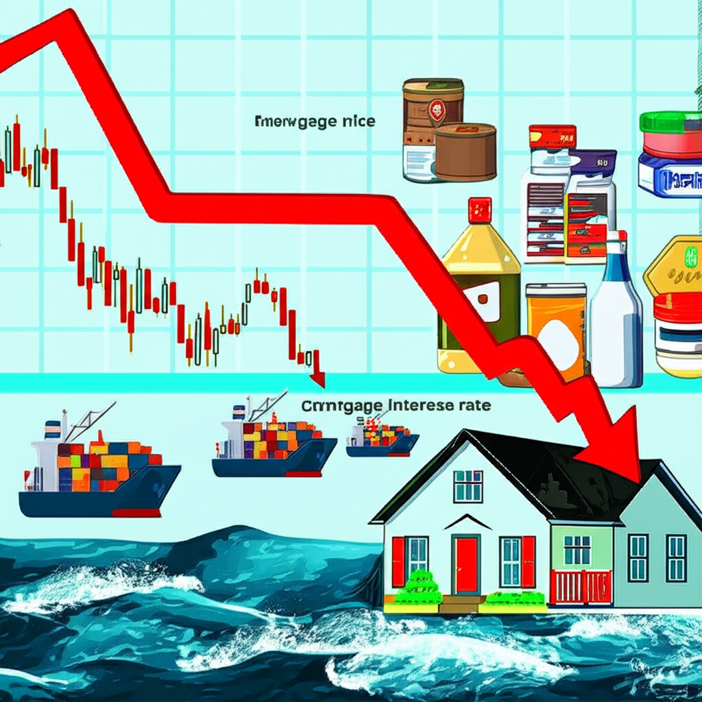 美元升息衝擊台灣經濟示意圖,股市下跌、物價上漲、房貸攀升與貿易波動