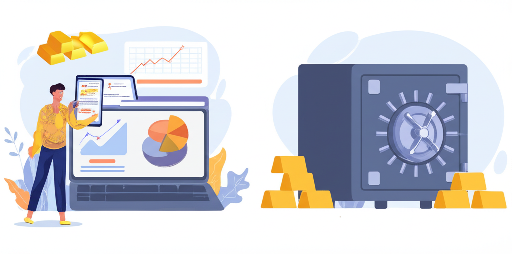 投資者透過筆電或手機輕鬆管理黃金投資,對比實體金庫儲存,強調便利與低門檻