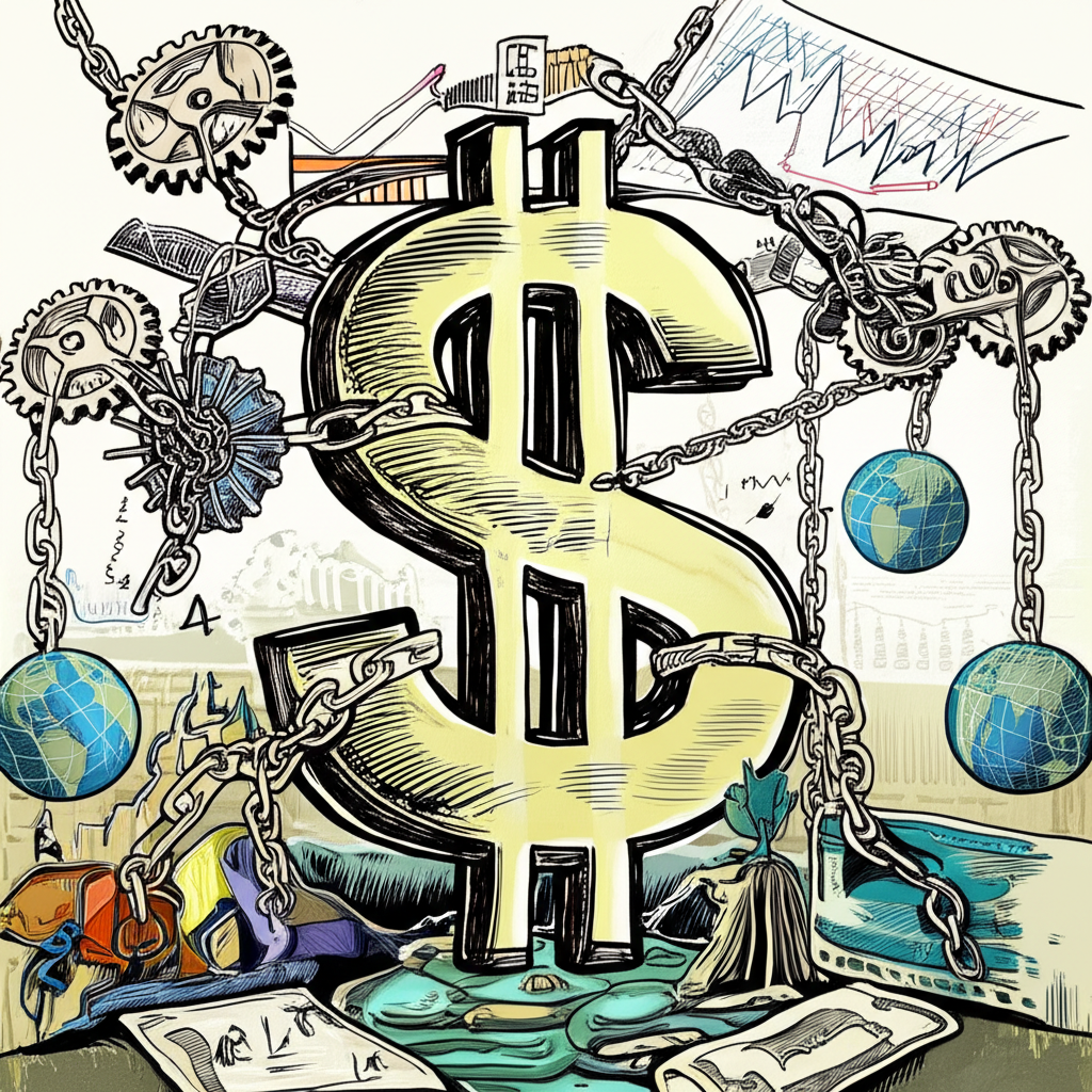 美金匯率受多重因素拉扯的插圖，顯示經濟數據與全球事件的影響