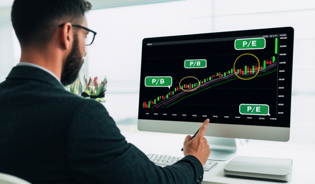An investor looking at a stock market chart with P/E and P/B ratios highlighted illustration a person making an informed decision in a dynamic stock market