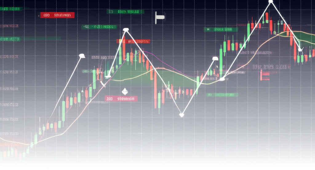 現代金融市場中疊加透明K線圖的插圖，顯示開盤收盤最高最低價格，並以箭頭標示趨勢和投資者情緒