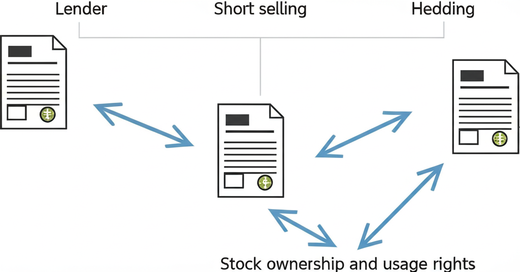 股票所有權與使用權分離示意圖，出借人保留所有權，借券人用於放空、避險等