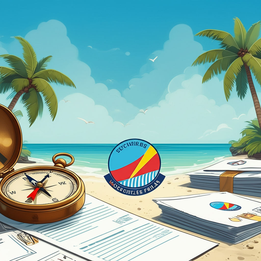 熱帶島嶼場景，財務文件與指南針象徵離岸金融服務，塞席爾 FSA 標誌