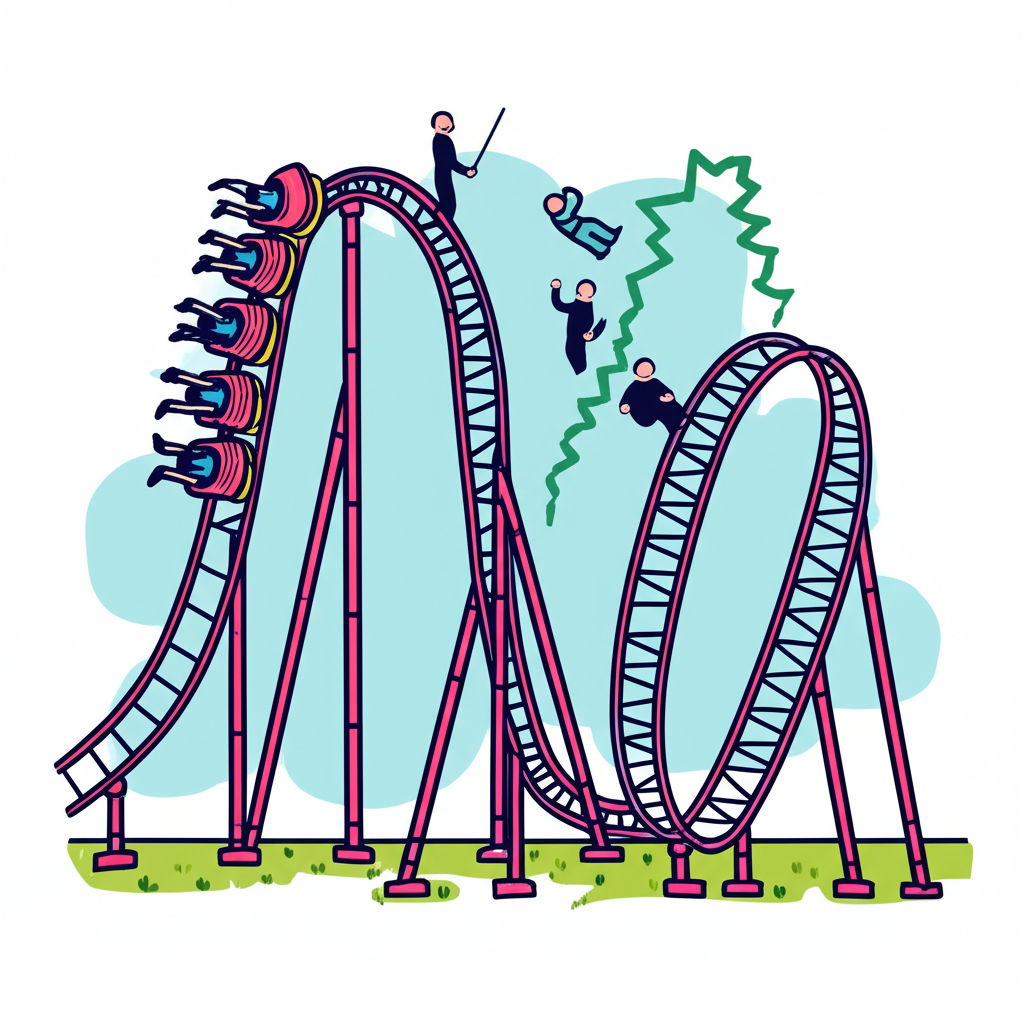 雲霄飛車圖示代表市場風險,伴隨追蹤誤差線條與流動性及下市風險的小人物,警示投資注意事項