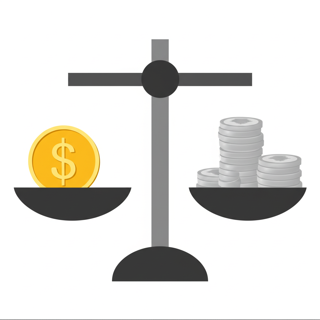 美元購買力下降示意圖:天平一端放美元硬幣,另一端多枚新台幣硬幣,美元端上揚,顯示購買力減弱