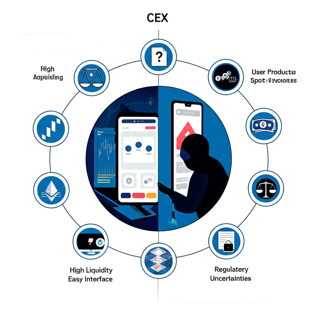 中心化交易所雙面性插圖，一邊顯示高流動性、簡單介面和多樣產品的優勢，另一邊呈現駭客攻擊或監管不確定等風險
