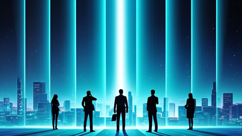 五大數位行銷核心趨勢的支柱插圖,引領通往未來城市景觀,行銷人員在旁觀察