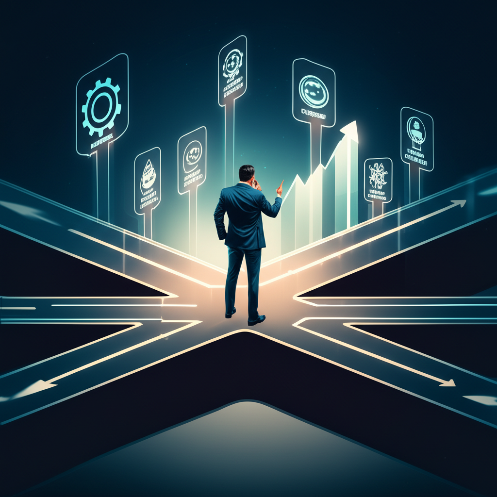 企業領導者在數位轉型十字路口的決策插圖，環繞效率提升、客戶體驗優化與新商業價值創造元素