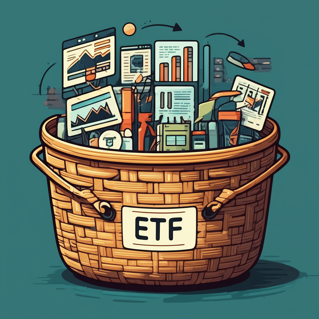 交易所風格圖示顯示ETF如一籃子資產包含股票債券與產業,追蹤指數的運作機制